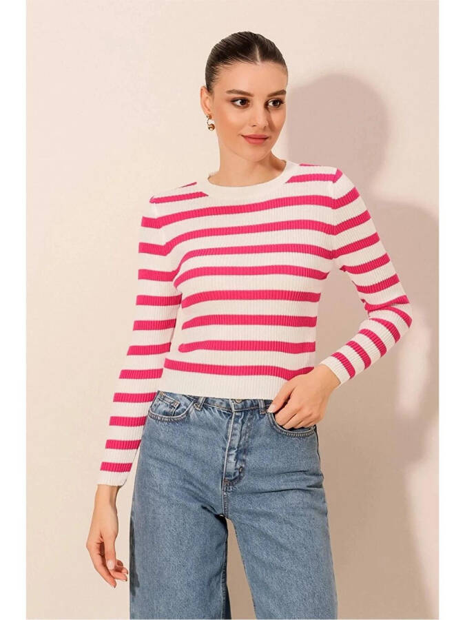 Women's Pink Striped Crew Neck Knit Sweater - 1