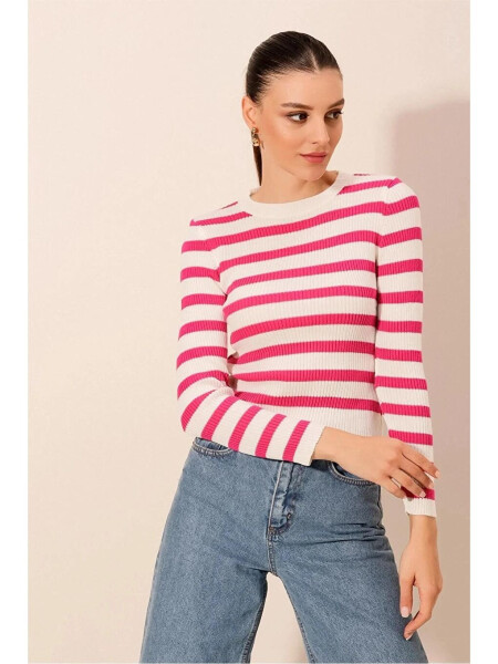 Women's Pink Striped Crew Neck Knit Sweater - 3