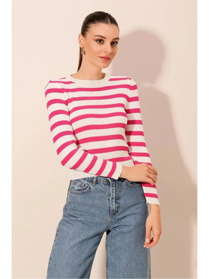 Women's Pink Striped Crew Neck Knit Sweater - 4
