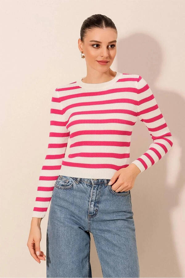 Women's Pink Striped Crew Neck Knit Sweater - 16