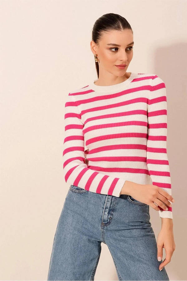 Women's Pink Striped Crew Neck Knit Sweater - 18