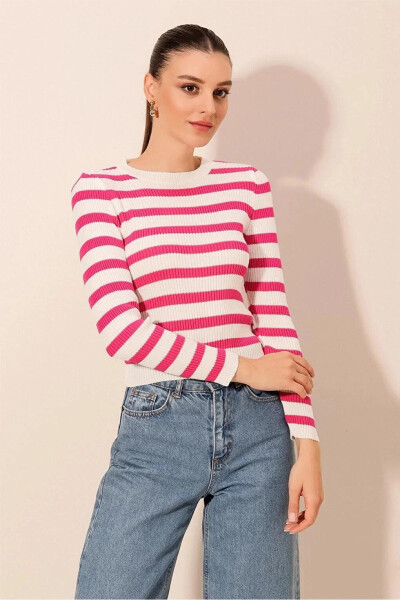 Women's Pink Striped Crew Neck Knit Sweater - 19
