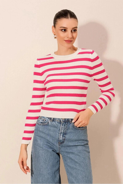 Women's Pink Striped Crew Neck Knit Sweater - 11