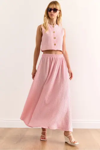 Women's Pink Top Lined Vest Midi Skirt with Bottom Pockets 