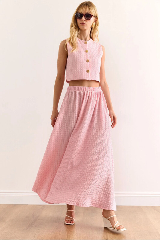 Women's Pink Top Lined Vest Midi Skirt with Bottom Pockets - 1