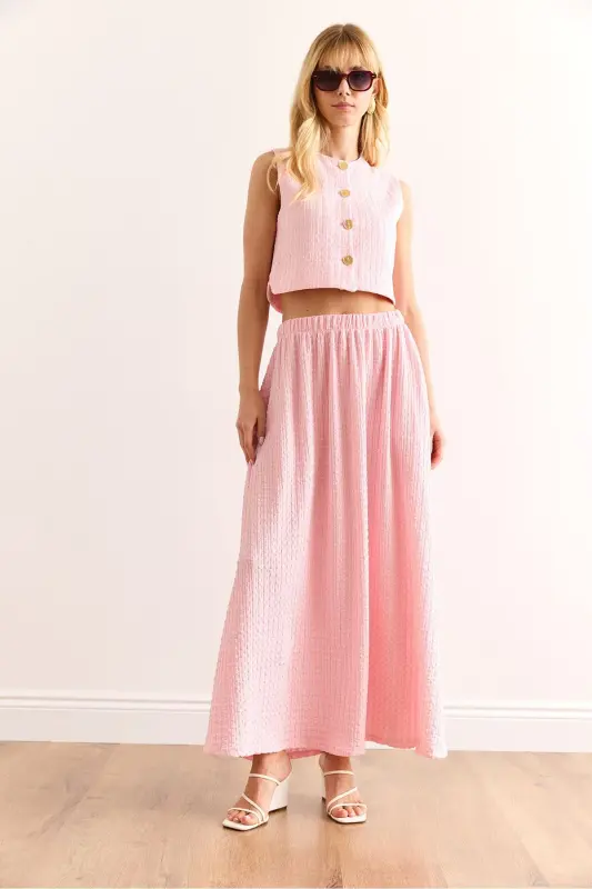 Women's Pink Top Lined Vest Midi Skirt with Bottom Pockets - 2