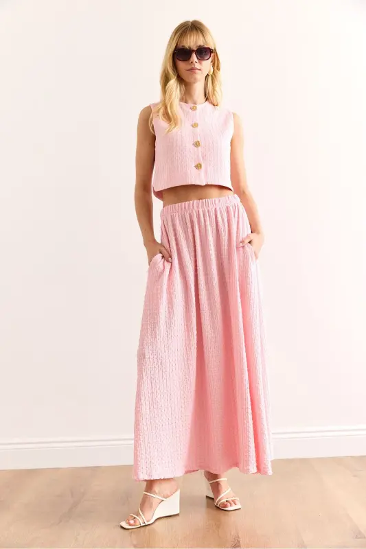 Women's Pink Top Lined Vest Midi Skirt with Bottom Pockets - 3