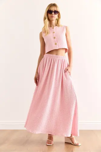 Women's Pink Top Lined Vest Midi Skirt with Bottom Pockets - 4