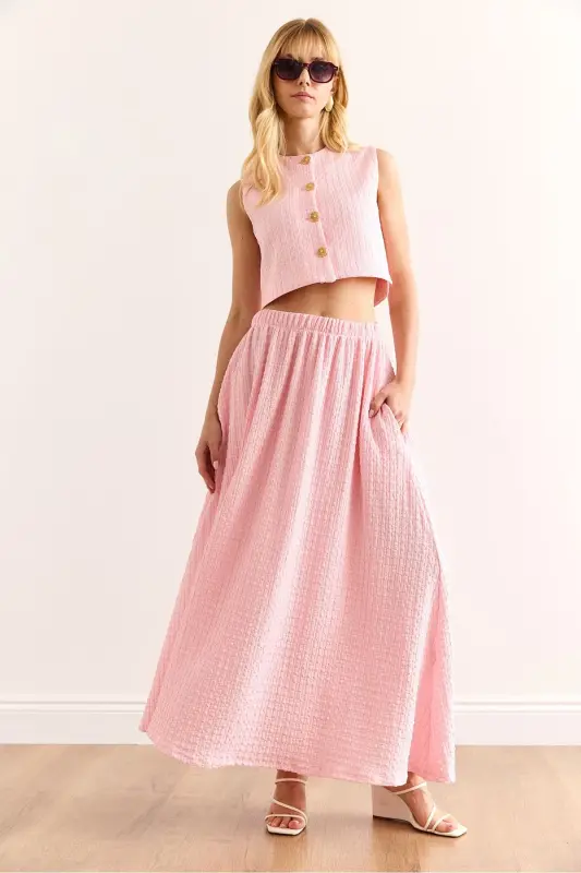 Women's Pink Top Lined Vest Midi Skirt with Bottom Pockets - 4