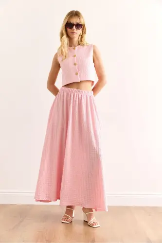 Women's Pink Top Lined Vest Midi Skirt with Bottom Pockets - 5