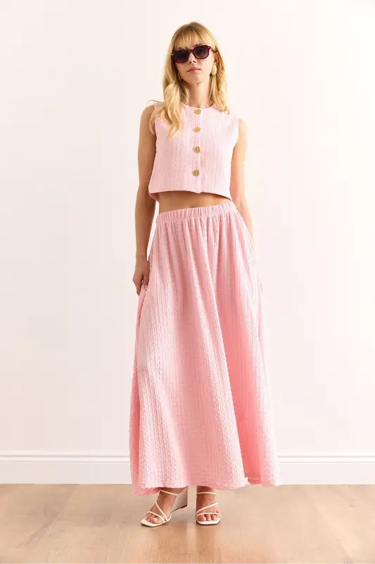 Women's Pink Top Lined Vest Midi Skirt with Bottom Pockets - 6