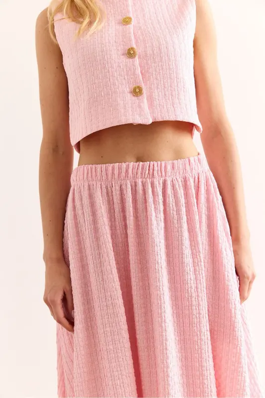 Women's Pink Top Lined Vest Midi Skirt with Bottom Pockets - 7