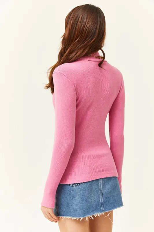 Women's Pink Turtleneck Finger Detailed Lycra Blouse BLZ-19001644-Pink - 4