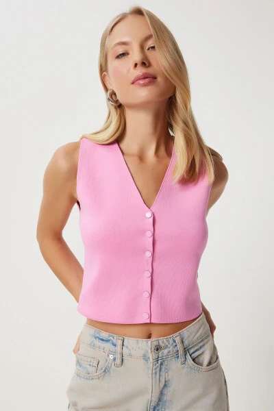 Women's Pink V-Neck Knitted Cardigan PF00087 - 3