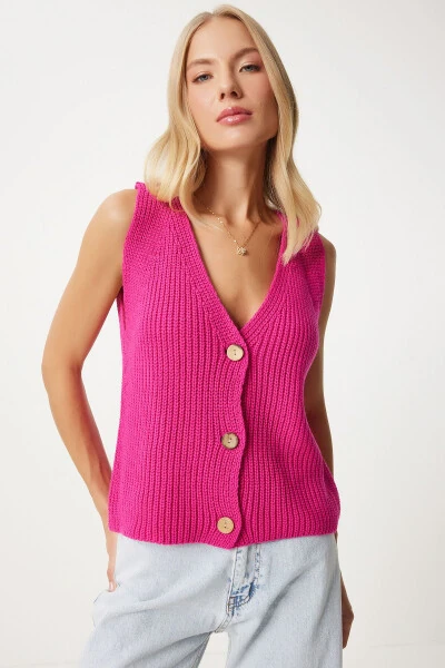 Women's Pink V-Neck Knitted Vest YY00221 - HAPPINESS İSTANBUL