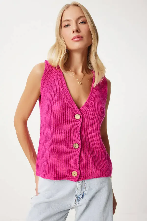 Women's Pink V-Neck Knitted Vest YY00221 - 1