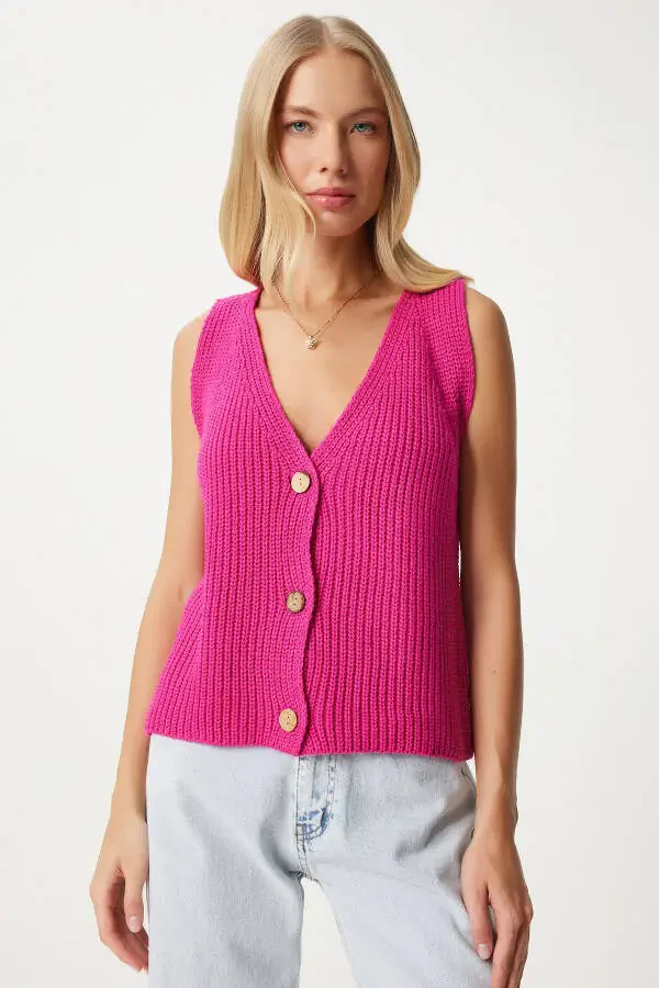 Women's Pink V-Neck Knitted Vest YY00221 - 2