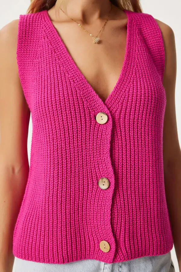 Women's Pink V-Neck Knitted Vest YY00221 - 3
