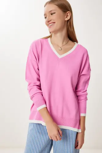 Women's Pink V-Neck Oversize Knitted Sweater BV00081 - 3