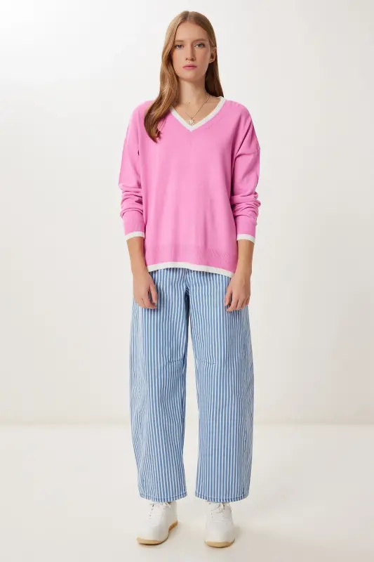 Women's Pink V-Neck Oversize Knitted Sweater BV00081 - 4