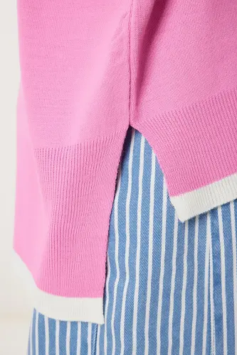 Women's Pink V-Neck Oversize Knitted Sweater BV00081 - 5