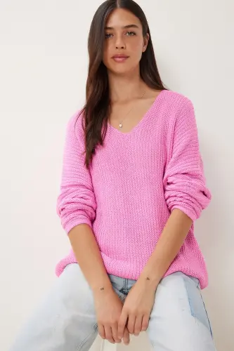 Women's Pink V-Neck Ribbed Knit Oversize Sweater - HAPPINESS İSTANBUL (1)