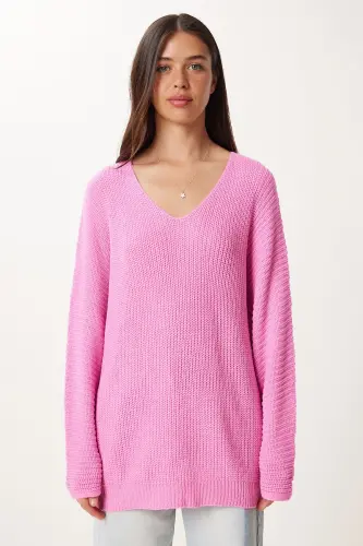 Women's Pink V-Neck Ribbed Knit Oversize Sweater - 5