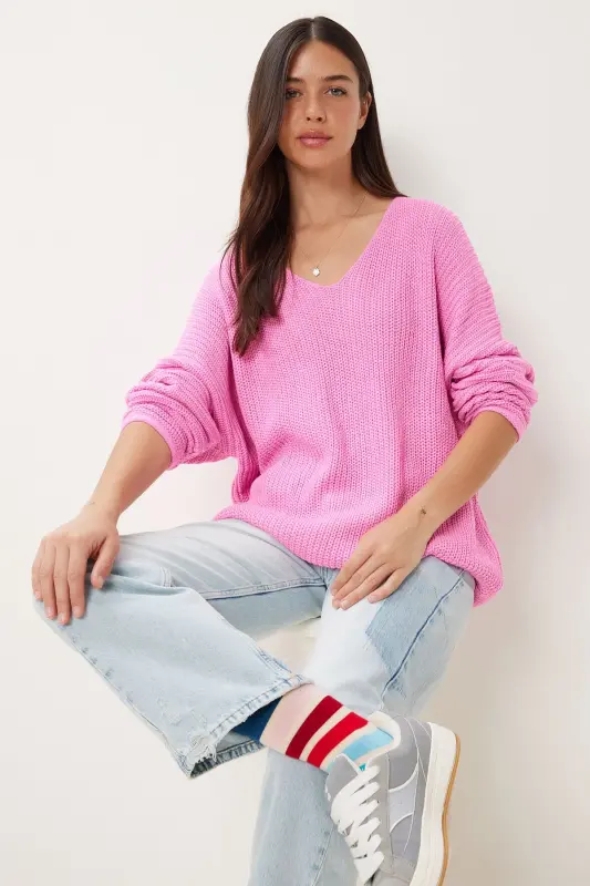 Women's Pink V-Neck Ribbed Knit Oversize Sweater - 1