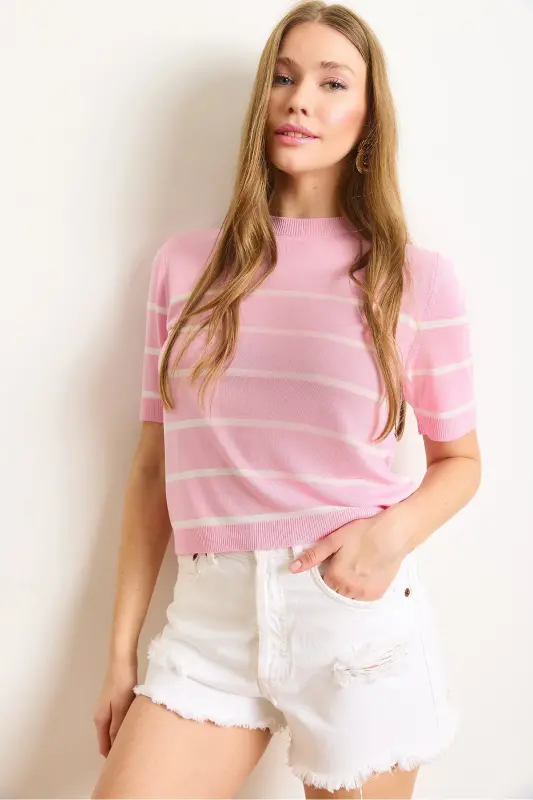 Women's Pink White Striped Viscose Knitwear Blouse BLZ-19002985-Pink White - 1