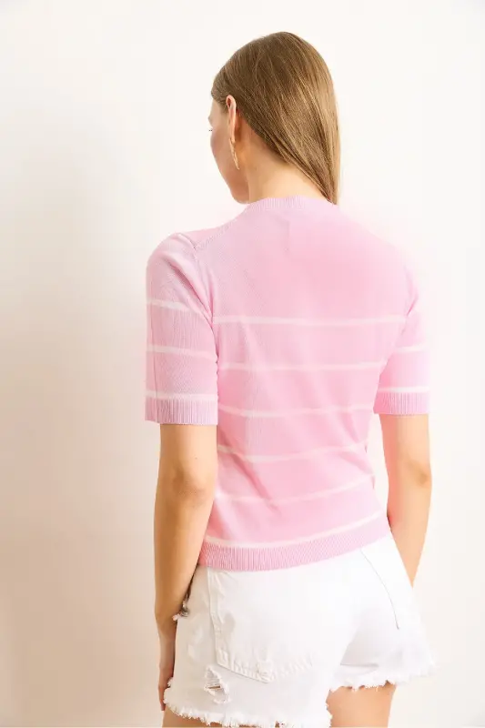 Women's Pink White Striped Viscose Knitwear Blouse BLZ-19002985-Pink White - 5