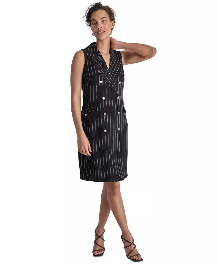 Women's Pinstriped Double-Breasted Blazer Dress Black - 1