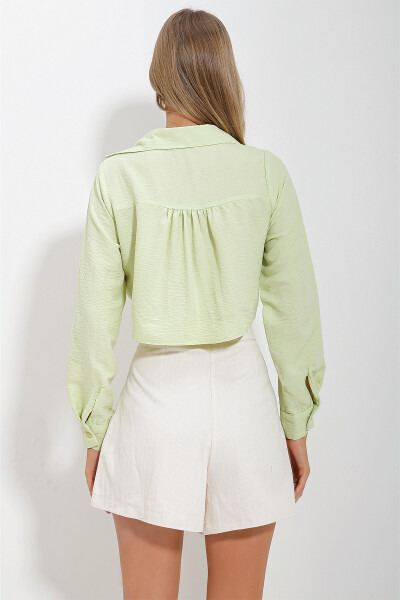 Women's Pistachio Green Double Pocket Front Tie Aerobin Crop Shirt ALC-X11633 - 5