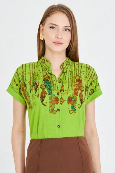 Women's Pistachio Green Mandarin Collar Short Sleeve Shirt A - ARMONIKA