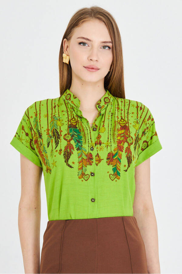 Women's Pistachio Green Mandarin Collar Short Sleeve Shirt A - 1