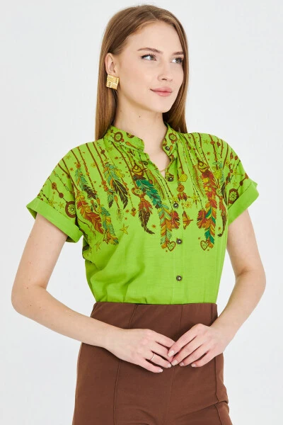Women's Pistachio Green Mandarin Collar Short Sleeve Shirt A - ARMONIKA (1)