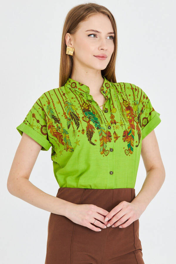 Women's Pistachio Green Mandarin Collar Short Sleeve Shirt A - 2