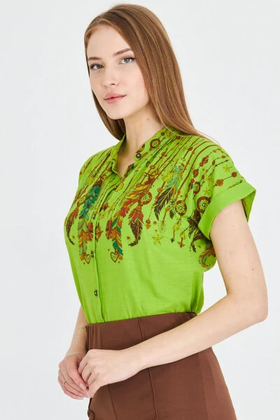 Women's Pistachio Green Mandarin Collar Short Sleeve Shirt A - 3