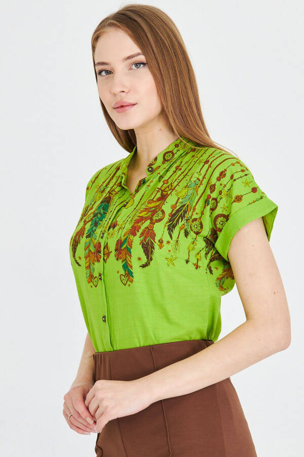 Women's Pistachio Green Mandarin Collar Short Sleeve Shirt A - 3