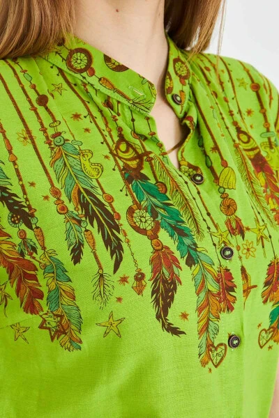 Women's Pistachio Green Mandarin Collar Short Sleeve Shirt A - 4