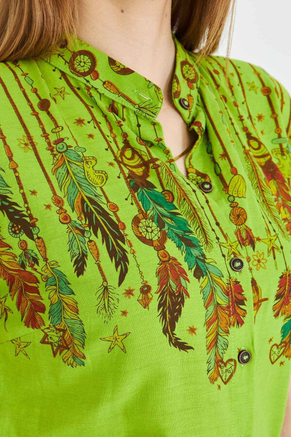 Women's Pistachio Green Mandarin Collar Short Sleeve Shirt A - 4