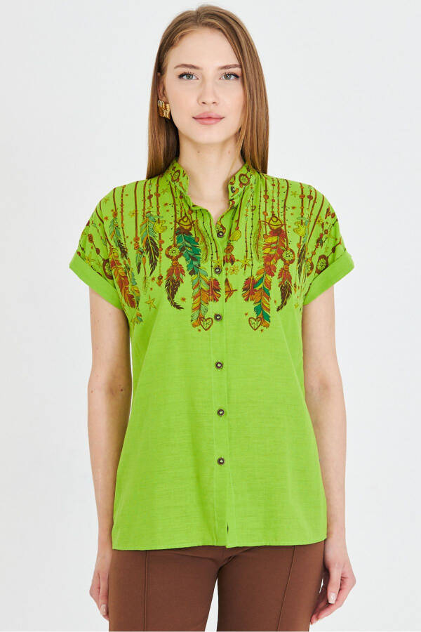 Women's Pistachio Green Mandarin Collar Short Sleeve Shirt A - 5