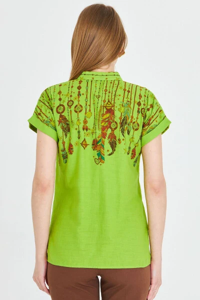 Women's Pistachio Green Mandarin Collar Short Sleeve Shirt A - 6