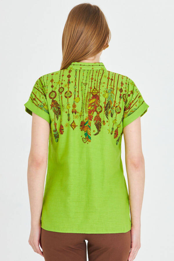 Women's Pistachio Green Mandarin Collar Short Sleeve Shirt A - 6