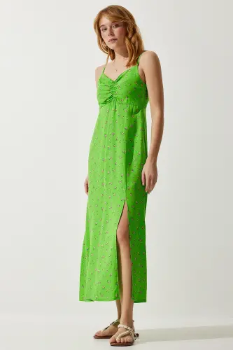 Women's Pistachio Green Sleeveless Patterned Viscose Dress UB00236-Pistachio Green 