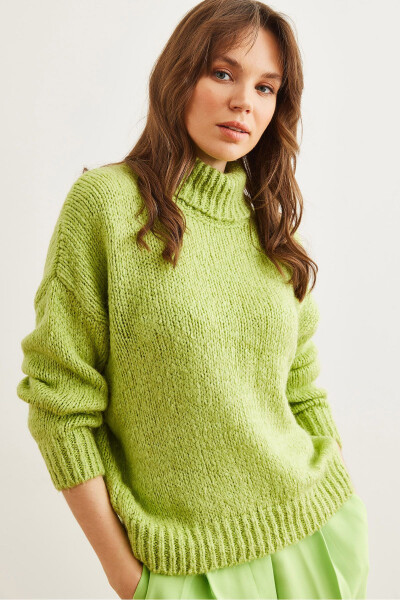 Women's Pistachio Green Turtleneck Sweater with Soft Texture, Thick Knit KZK-19000936 - 3