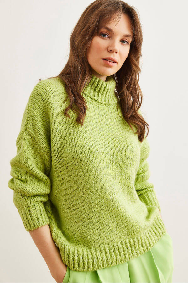 Women's Pistachio Green Turtleneck Sweater with Soft Texture, Thick Knit KZK-19000936 - 3