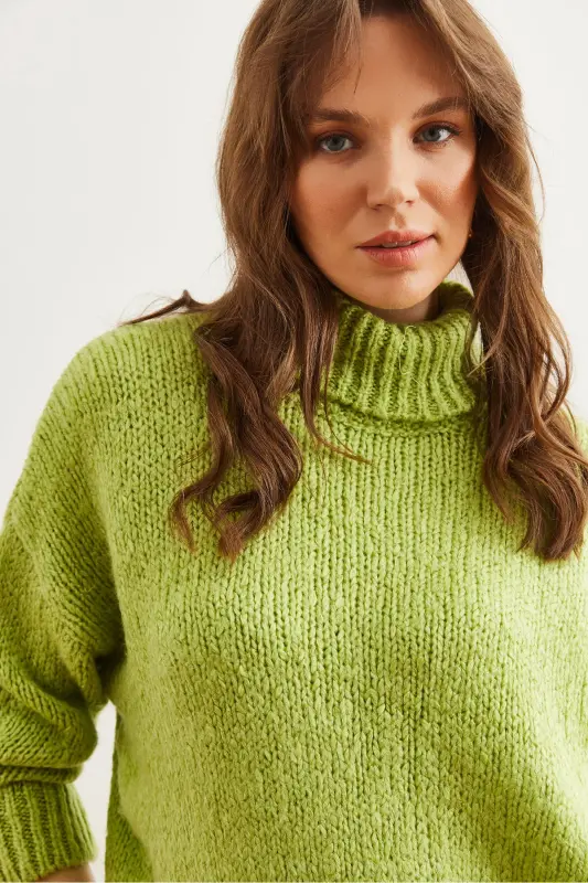 Women's Pistachio Green Turtleneck Sweater with Soft Texture, Thick Knit KZK-19000936 - 8