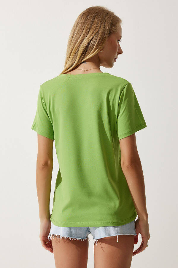 Women's Pistachio Green V-Neck Basic Knit T-Shirt UB00261 - 5