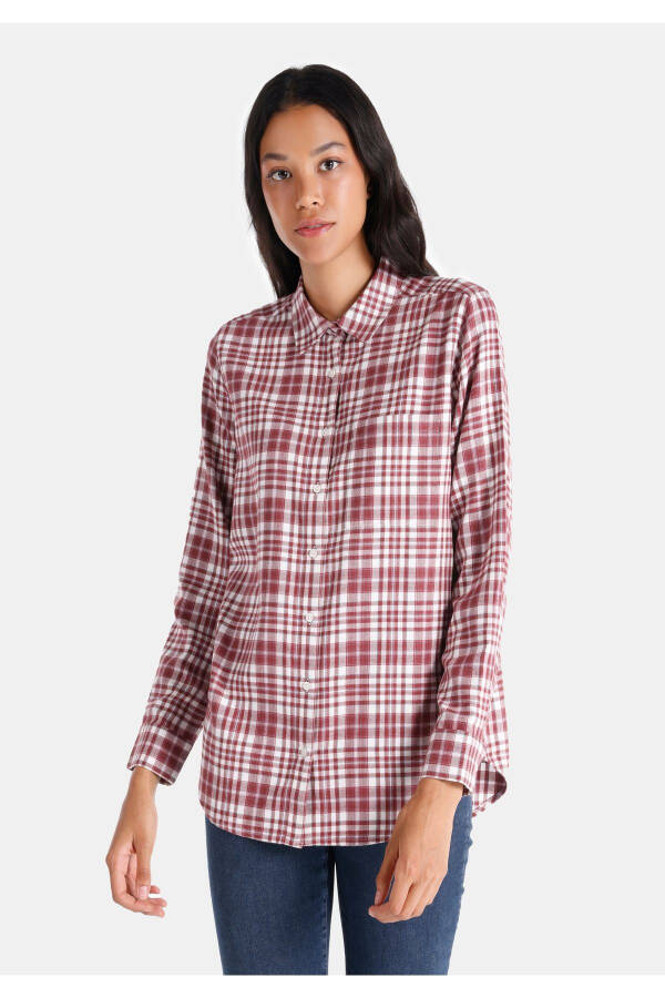 Women's plaid, burgundy, long-sleeved, regular fit shirt. - 1