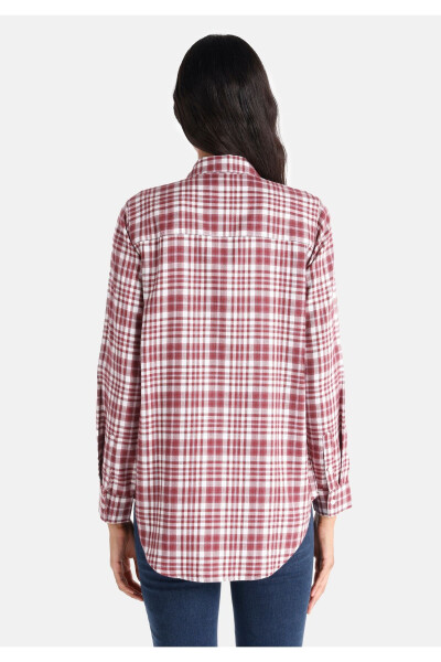 Women's plaid, burgundy, long-sleeved, regular fit shirt. - 2